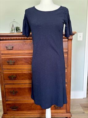 Talbots Navy Blue Slub Knit Smocked Sleeve Dress SZ XS Coastal Preppy Effortless